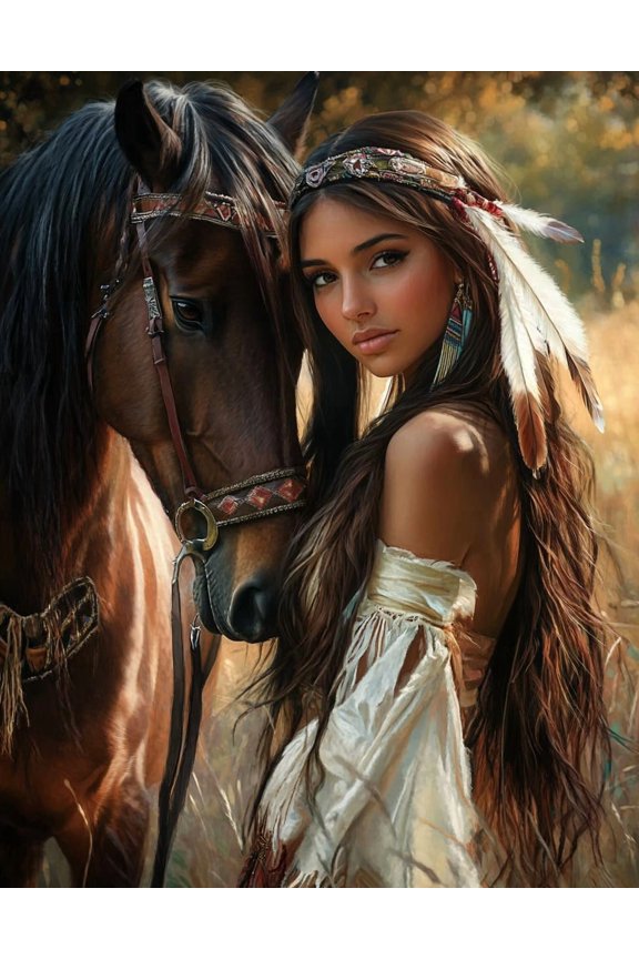 DIY Cross Stitch Kit for Beginners Beautiful American Native Indian Woman and Horse 11CT Complete Embroidery Kit with Pattern Stamped Needlepoint Craft Kit for Home Decor 30x40cm-1