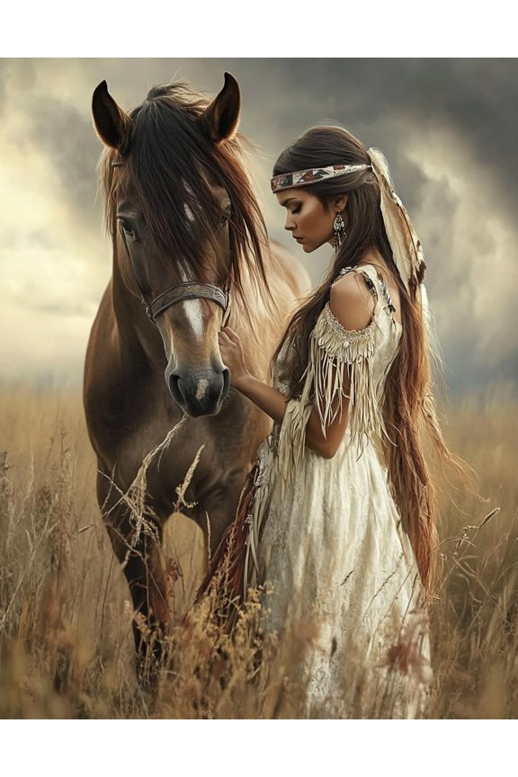 DIY Cross Stitch Kit for Beginners Beautiful American Native Indian Woman and Horse 11CT Complete Embroidery Kit with Pattern Stamped Needlepoint Craft Kit for Home Decor 30x40cm-4