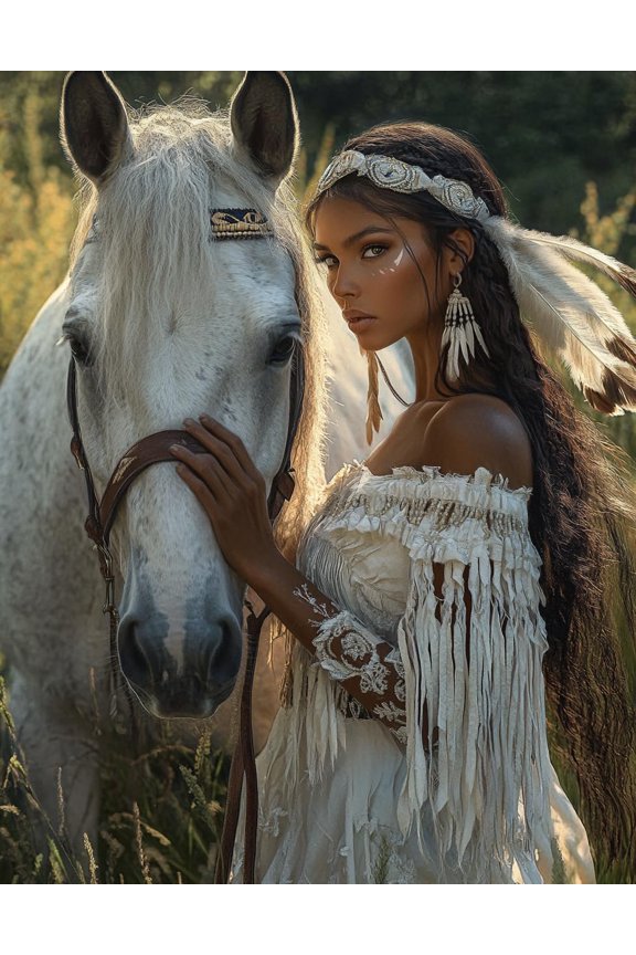DIY Cross Stitch Kit for Beginners Beautiful American Native Indian Woman and Horse 11CT Complete Embroidery Kit with Pattern Stamped Needlepoint Craft Kit for Home Decor 30x40cm-2