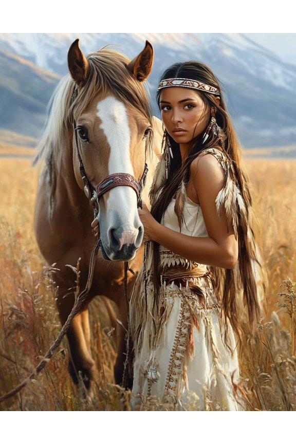 DIY Cross Stitch Kit for Beginners Beautiful American Native Indian Woman and Horse 11CT Complete Embroidery Kit with Pattern Stamped Needlepoint Craft Kit for Home Decor 30x40cm-3