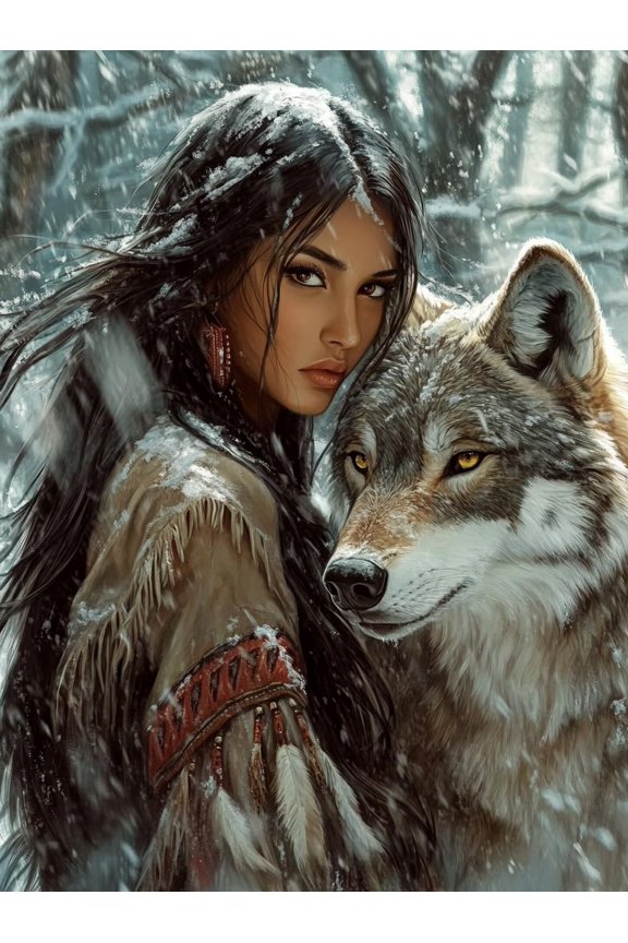 DIY Cross Stitch Kit for Beginners Beautiful American Native Indian Woman and Wolf 11CT Complete Embroidery Kit with Pattern Stamped Needlepoint Craft Kit for Home Decor 30x40cm-5