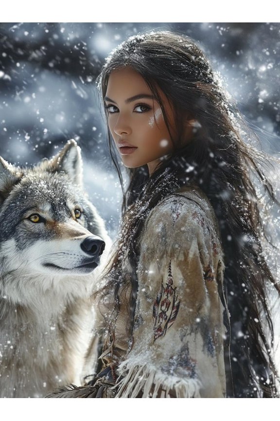 DIY Cross Stitch Kit for Beginners Beautiful American Native Indian Woman and Wolf 11CT Complete Embroidery Kit with Pattern Stamped Needlepoint Craft Kit for Home Decor 30x40cm-6