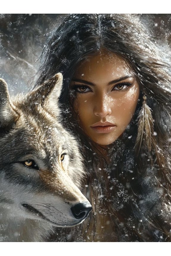 DIY Cross Stitch Kit for Beginners Beautiful American Native Indian Woman and Wolf 11CT Complete Embroidery Kit with Pattern Stamped Needlepoint Craft Kit for Home Decor 30x40cm-8