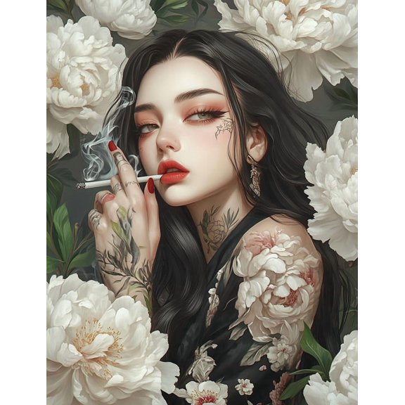 DIY Cross Stitch Kit for Beginners Beautiful Woman Tattoos Smoking 11CT Complete Embroidery Kit with Pattern Stamped Needlepoint Craft Kit for Home Decor 30x40cm-1