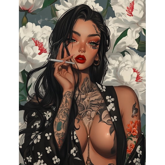 DIY Cross Stitch Kit for Beginners Beautiful Woman Tattoos Smoking 11CT Complete Embroidery Kit with Pattern Stamped Needlepoint Craft Kit for Home Decor 30x40cm-2