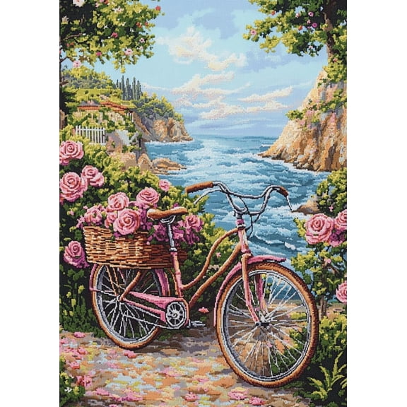 DIY Cross Stitch Kit for Beginners Bicycle with Basket of Roses Ocean in Back 11CT Complete Embroidery Kit with Pattern Stamped Needlepoint Craft Kit for Home Decor 30x40cm-1