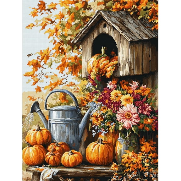 DIY Cross Stitch Kit for Beginners Birdhouse Pumpkins and Gourds Watering 11CT Complete Embroidery Kit with Pattern Stamped Needlepoint Craft Kit for Home Decor 30x40cm-2