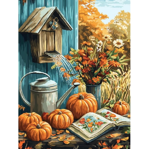 DIY Cross Stitch Kit for Beginners Birdhouse Pumpkins and Gourds Watering 11CT Complete Embroidery Kit with Pattern Stamped Needlepoint Craft Kit for Home Decor 30x40cm-1