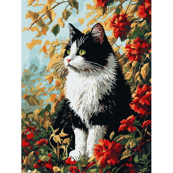 DIY Cross Stitch Kit for Beginners Black and White Cat Sitting on Grass 11CT Complete Embroidery Kit with Pattern Stamped Needlepoint Craft Kit for Home Decor 30x40cm-1