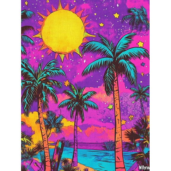 DIY Cross Stitch Kit for Beginners Colorful Psychedelic Background with Palm Trees Sunset 11CT Embroidery Kit with Pattern Stamped Count by Numbers Craft Kit 40x50cm-1