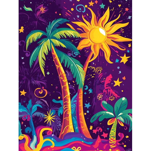 DIY Cross Stitch Kit for Beginners Colorful Psychedelic Illustration of Palm Trees Sunset 11CT Embroidery Kit with Pattern Stamped Count by Numbers Craft Kit 40x50cm-1