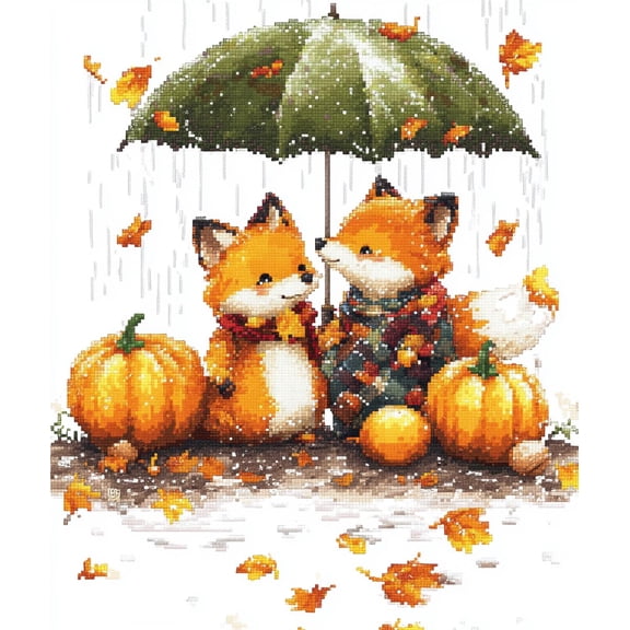 DIY Cross Stitch Kit for Beginners Cute Fox and Chicken Sit under Umbrella 11CT Embroidery Kit with Pattern Stamped Needlepoint Craft Kit for Home Decor 30x40cm-1