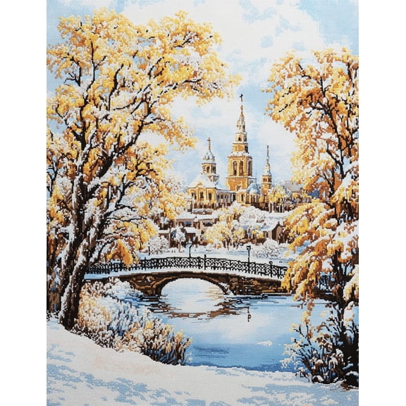 DIY Cross Stitch Kit for Beginners Russian Winter Landscape with Trees and Bridge 11CT Embroidery Kit with Pattern Stamped Count by Numbers Craft Kit 40x50cm-1