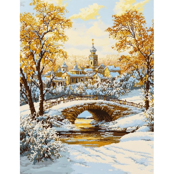 DIY Cross Stitch Kit for Beginners Russian Winter Landscape with Trees and Bridge 11CT Embroidery Kit with Pattern Stamped Count by Numbers Craft Kit 40x50cm-2