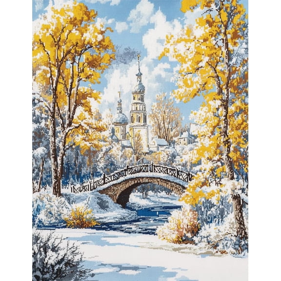 DIY Cross Stitch Kit for Beginners Russian Winter Landscape with Trees and Bridge 11CT Embroidery Kit with Pattern Stamped Count by Numbers Craft Kit 40x50cm-3