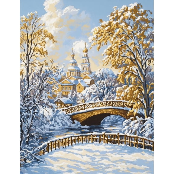 DIY Cross Stitch Kit for Beginners Russian Winter Landscape with Trees and Bridge 11CT Embroidery Kit with Pattern Stamped Count by Numbers Craft Kit 40x50cm-4