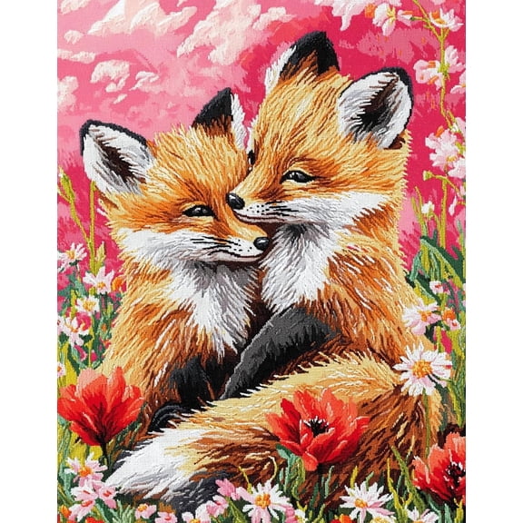 DIY Cross Stitch Kit Foxes in Flower Meadow Wild Flowers 11CT Embroidery Kit with Pattern Stamped Count by Numbers Craft Kit 40x50cm-1