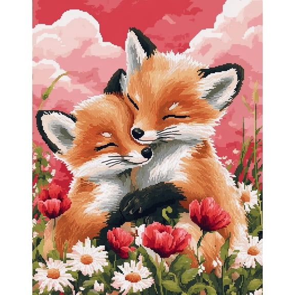 DIY Cross Stitch Kit Foxes in Flower Meadow Wild Flowers 11CT Embroidery Kit with Pattern Stamped Count by Numbers Craft Kit 40x50cm-3