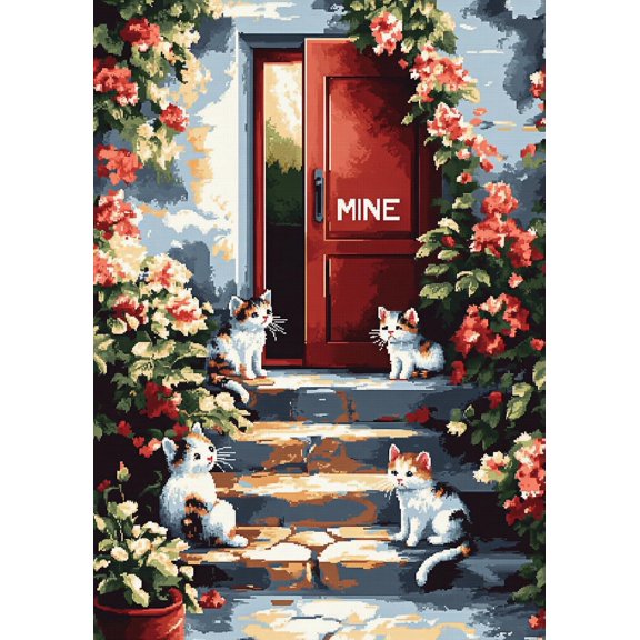 DIY Cross Stitch Kit for Beginners Cats Sitting on Steps 11CT Embroidery Kit with Pattern Stamped Needlepoint Craft Kit for Home Decor 30x40cm-1