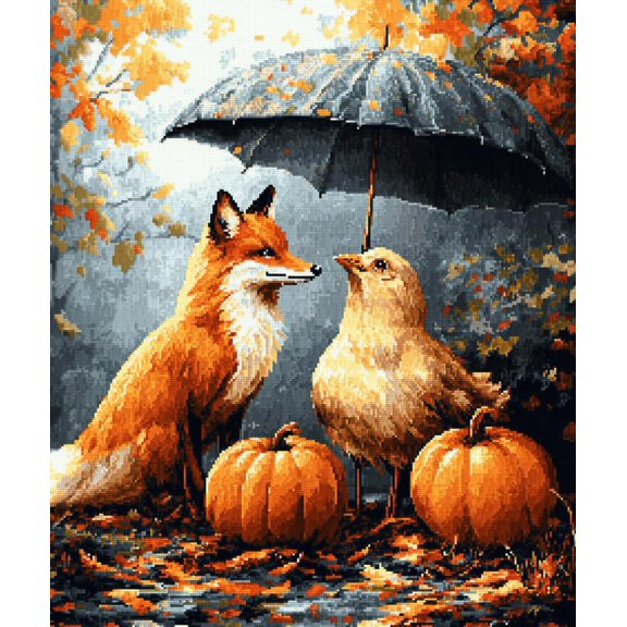 DIY Cross Stitch Kit for Beginners Fox and Hen under Umbrella with Pumpkins 11CT Embroidery Kit with Pattern Stamped Needlepoint Craft Kit 30x40cm-4