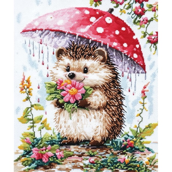 DIY Cross Stitch Kit for Beginners Hedgehog Wearing Mushroom 11CT Embroidery Kit with Pattern Stamped Count by Numbers Craft Kit 40x50cm-2