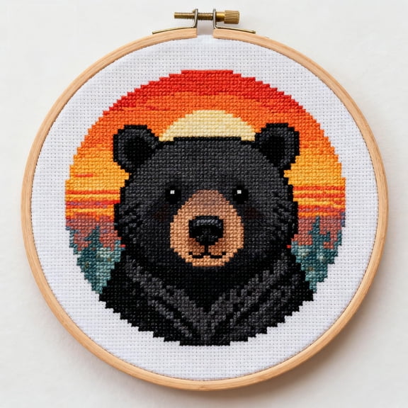 DIY Cross Stitch Kits Black Bear and Sunset Easy for Beginners 11CT Stamped Counted Cross Stitch with Hoop Needlepoint Embroidery Set Craft Wall Decor 20x20cm