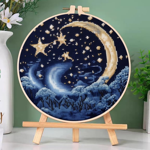 DIY Cross Stitch Kits Night Moon Shining Stars Easy for Beginners with Hoop 11CT Needlepoint Embroidery Counted Stamped Cross Stitch Set Craft Wall Decor 20x20cm(1)
