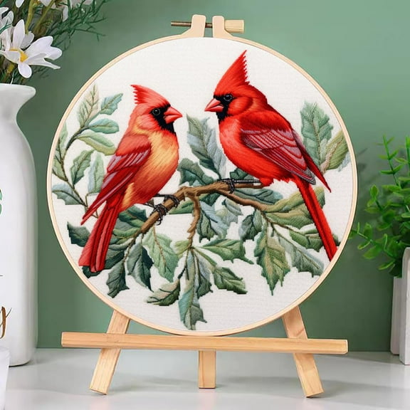 DIY Cross Stitch Kits Red Cardinal on Red Fruit Tree Easy for Beginners with Hoop 11CT Needlepoint Embroidery Counted Stamped Cross Stitch Set Craft Wall Decor 20x20cm(2)