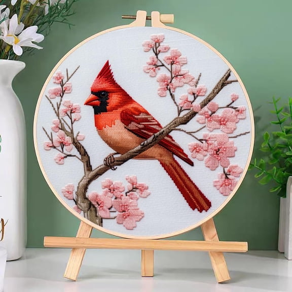 DIY Cross Stitch Kits Red Cardinal on Tree with Hoop 11CT Needlepoint Embroidery Stamped Counted Cross Stitch Set Craft Wall Decor 20x20cm-3