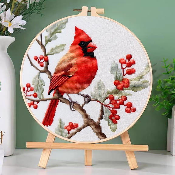 DIY Cross Stitch Kits Red Cardinal on Tree with Hoop 11CT Needlepoint Embroidery Stamped Counted Cross Stitch Set Craft Wall Decor 20x20cm-4