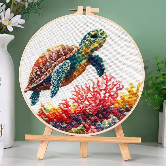 DIY Cross Stitch Kits Sea Turtle and Corals Easy for Beginners with Hoop 11CT Needlepoint Embroidery Stamped Counted Cross Stitch Set Craft Wall Decor 20x20cm-5