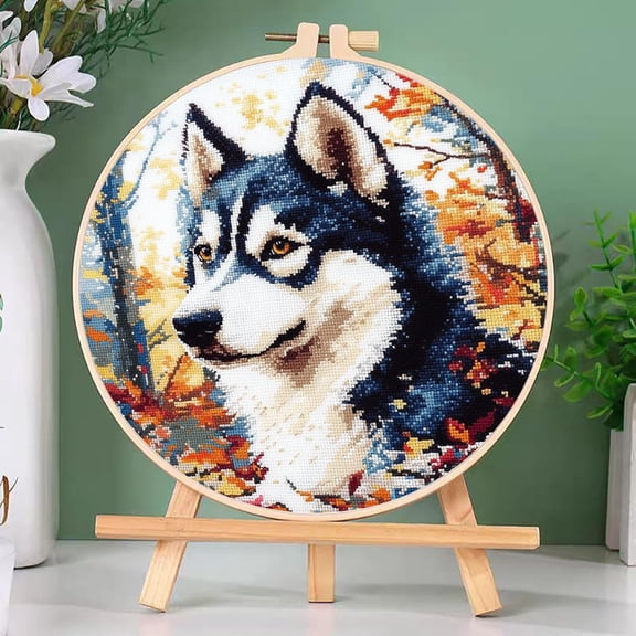 DIY Cross Stitch Kits Siberian Husky Dog with Hoop 11CT Needlepoint Embroidery Stamped Counted Cross Stitch Set Craft Wall Decor 20x20cm-4