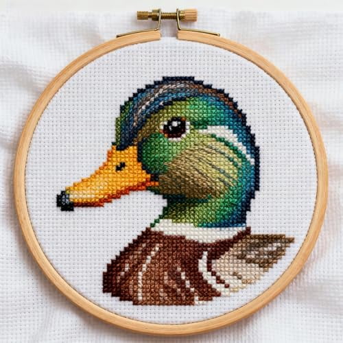 DIY Cross Stitch Kits Wild Duck Mallard Easy for Beginners 11CT Stamped Counted Cross Stitch with Hoop Needlepoint Embroidery Set Craft Wall Decor 20x20cm