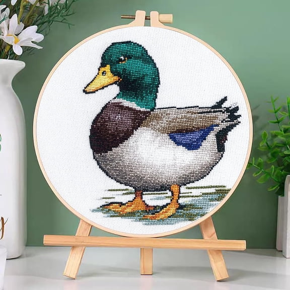 DIY Cross Stitch Kits Wild Duck Mallard Easy for Beginners with Hoop 11CT Needlepoint Embroidery Stamped Counted Cross Stitch Set Craft Wall Decor 20x20cm-2