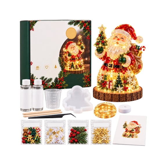 DIY Crystal Epoxy Resin Christmas Santa Night Light Kit, Silicone Mold Fairy LED Wire Wooden Base Holiday Craft Set