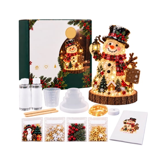 DIY Crystal Epoxy Resin Christmas Snowman Night Light Kit, Silicone Mold Fairy LED Wire Wooden Base Holiday Craft Set