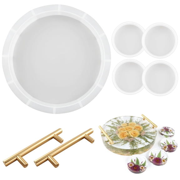 DIY Crystal Epoxy Resin Tray Molds Set, Includes 1 Large Round Tray Mold, 4 Small Coaster Molds, 1 Pair Gold Brass Handles, Reusable Silicone Molds for Resin Art and Craft Projects