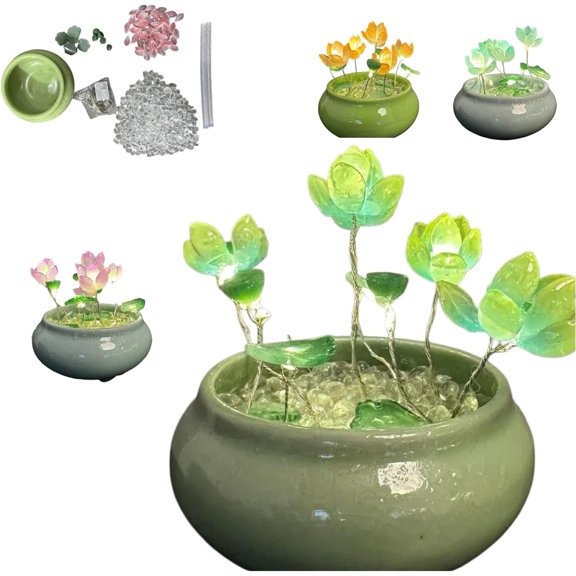 DIY Crystal Lotus Lamp Kits, Ceramic Flower Pot and Crystal Lotus Flower Craft Kits for Meditation | Feng Shui | Birthday Gift for Woman | Gifts for Women | Home Decor | Office Decor (Green)