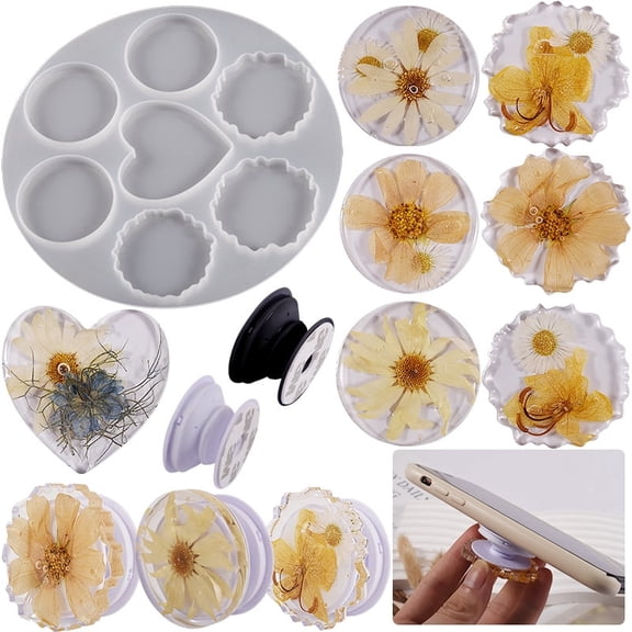 DIY Crystal Phone Grip Mold Set - Irregular Circle & Heart Silicone Molds + Adhesive Base Phone Grip Stand with Pop Top, 20 Pack (10 Black, 10 White)