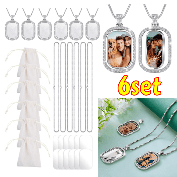 DIY Custom Photo Necklace Kit - 24 Pcs with Rhinestone Bezels, Sublimation Blanks, Chains & 6 Velvet Pouches