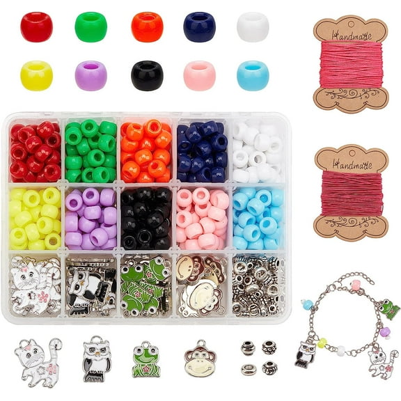 DIY Cute Bracelet Creation Kit 350pcs 10 Colors Resin Large Hole Beads 50pcs 5 Styles Alloy Spacer Beads 40pcs 4 Styles Animal Theme Enamel Pendants 10m Elastic Cord and 10m Nylon Cord Alloy