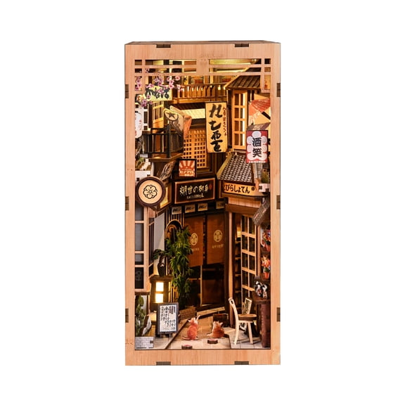 DIY Cutefun Bookend Cottage with LED Light, 3D Wooden Miniature Cottage Model, DIY Creative Handecraft Book Nook Model Gift for Adults Hobbyist (Cat's Alley)