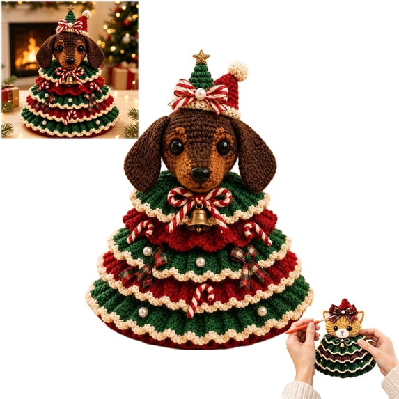 DIY Dachshund Christmas Tree Crochet Kit, Handmade Ornament Set with Pearl Beads Bell Bow Yarn Hook, Beginner Friendly, Multicolor, 20x20 cm, Cloth