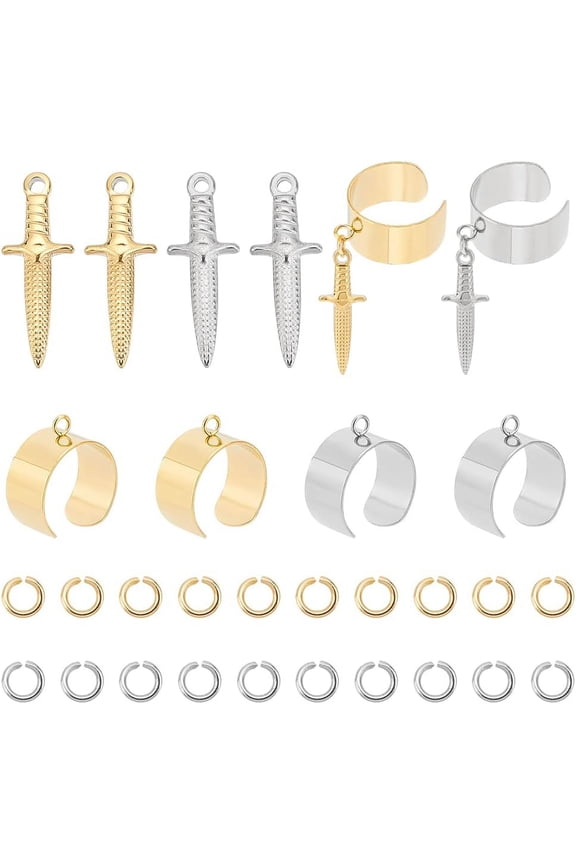 DIY Dagger Charm Cuff Ring Making Kit Including Stainless Steel Open Ring Findings 304 Stainless Steel Pendants & Jump Rings Golden & Stainless Steel Color 28Pcs/box
