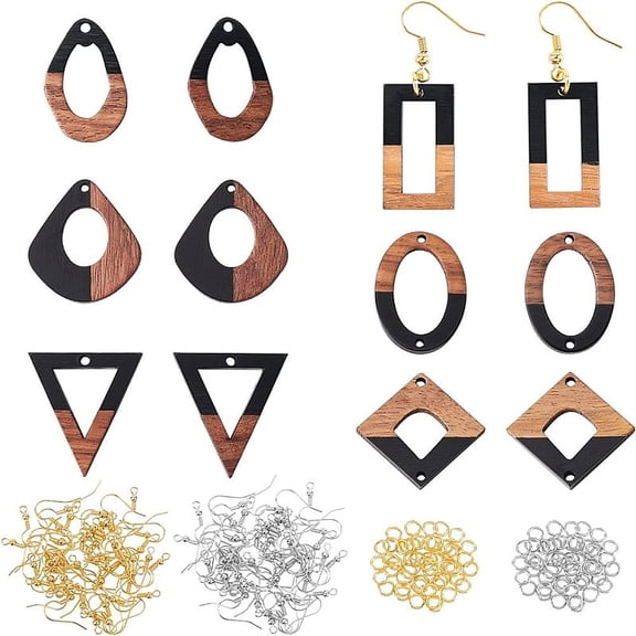 DIY Dangle Earring Making Kits Including 12Pcs 6 Styles Resin & Walnut Wood Pendants Golden & Silver Pendants: 2pcs/style