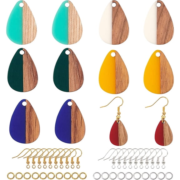 DIY Dangle Earring Making Kits Including Resin & Wood Pendants Brass Earring Hooks & Jump Rings Teardrop Mixed Color Pendants: 21.5x14.5x3.5mm Hole: 1.8mm 6 colors 2pcs/color 12pcs/box