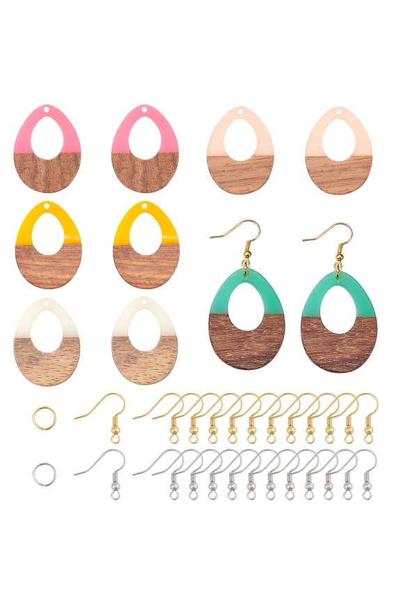 DIY Dangle Earring Making Kits with Resin Wood Pendants Brass Earring Hooks Jump Rings Teardrop Mixed Color