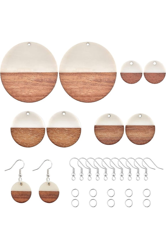 DIY Dangle Earring Making Kits with Resin Wood Pendants Platinum Plated Iron Earring Hooks Open Jump Rings Flat Round White