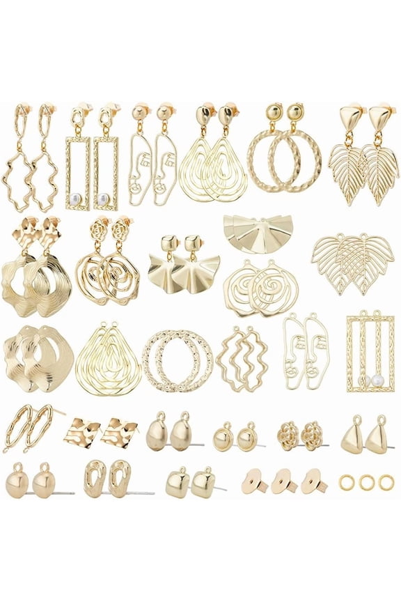DIY Dangle Stud Earring Making Kits Including Oval Flower Rectangle Ring Alloy Pendants Stud Earring Findings Light Gold 86Pcs/box