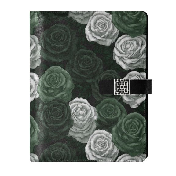 DIY Dark Green Roses Printed Microfiber Leather Notebook 9.2x6.7" Refillable Binder Journal with Pen Loop&Pockets 100 Sheets